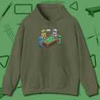 Robots Playing Hoodie, front view, in Military Green what the real shooters wear