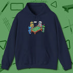 Robots Playing Hoodie, front view, in Navy poolroom style with tournament attitude