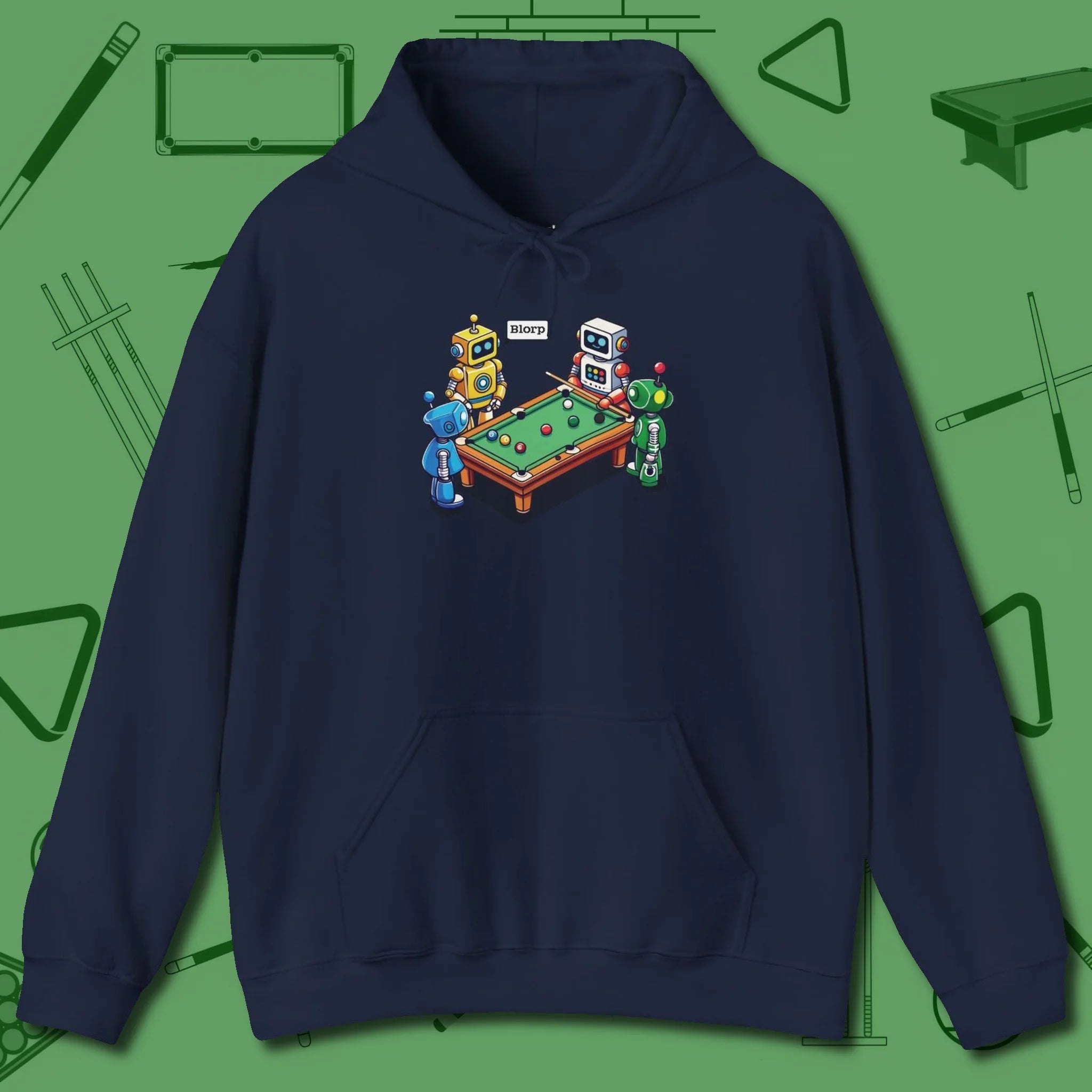 Robots Playing Hoodie, front view, in Navy poolroom style with tournament attitude