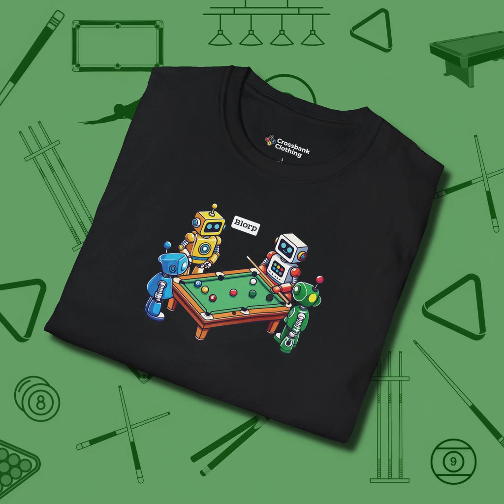 Robots Playing T-Shirt, folded view, in Black because pool isn’t just a game — it’s who you are