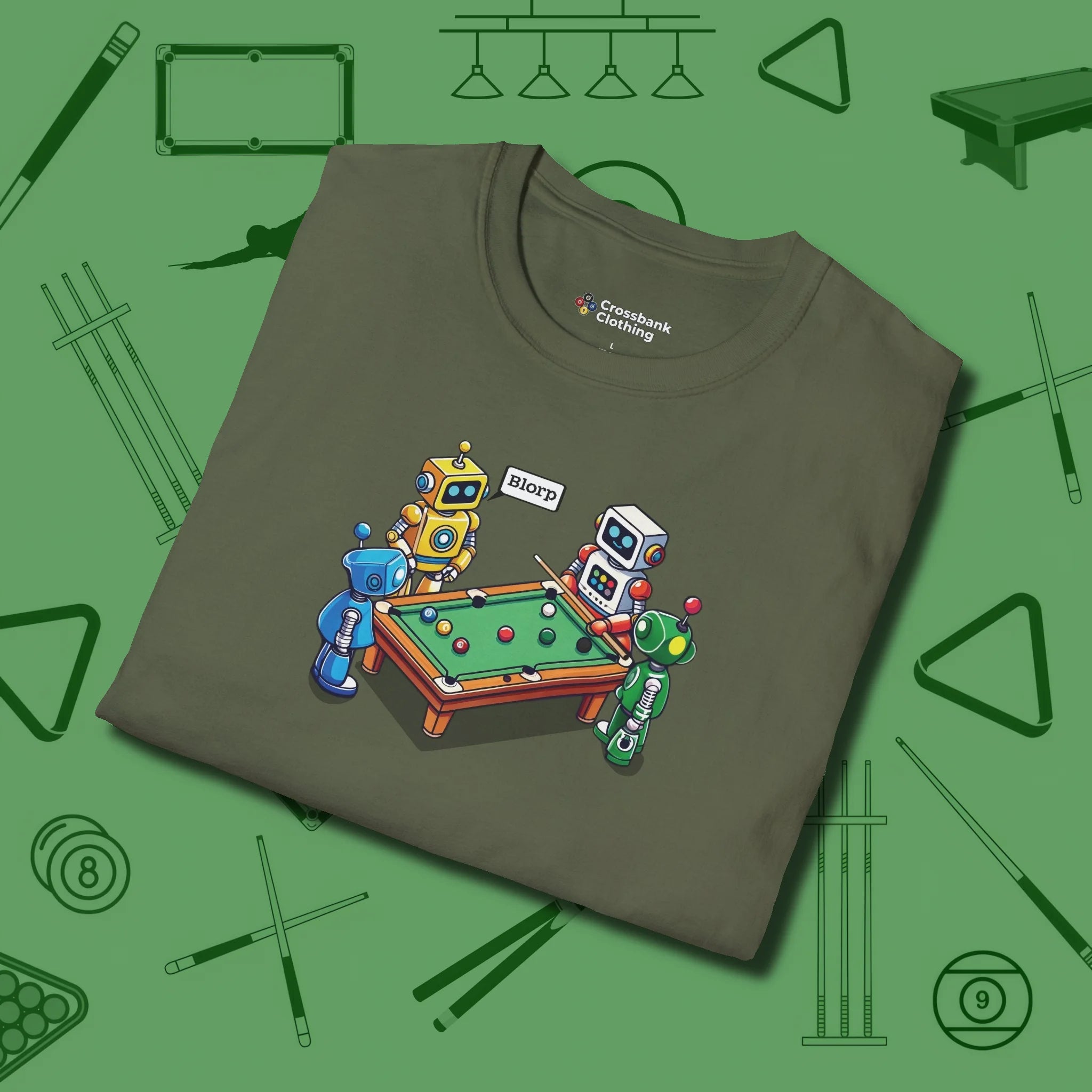 Robots Playing T-Shirt, folded view, in Military Green tough like your favorite break cue