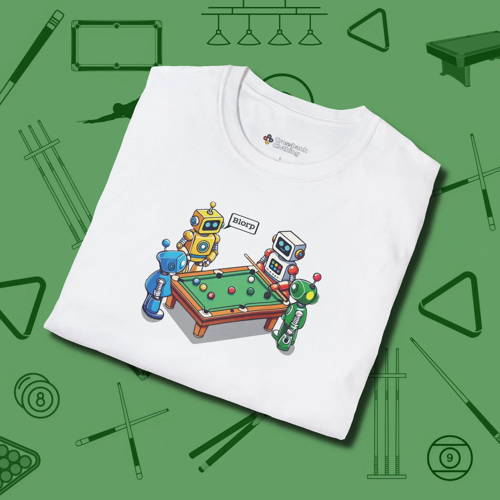 Robots Playing T-Shirt, folded view, in White classic cue style, no gimmicks