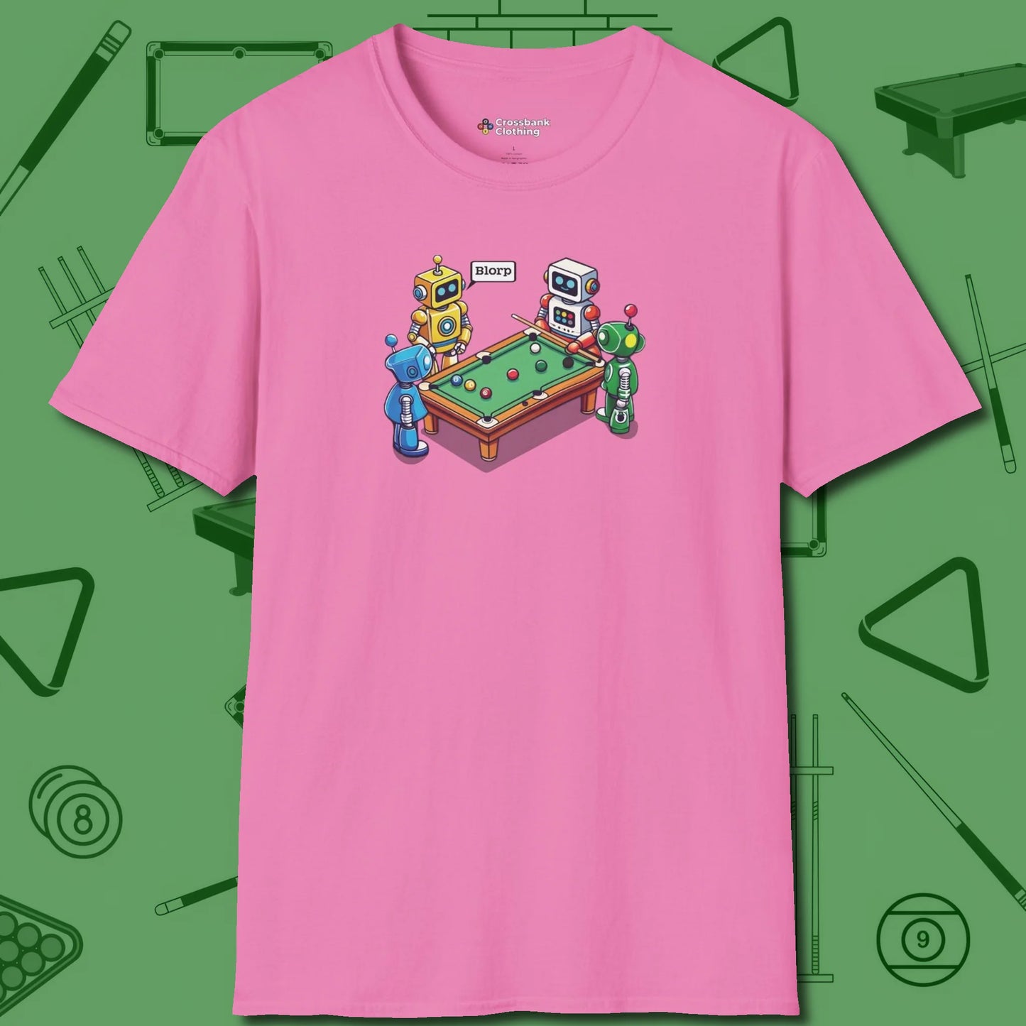 Robots Playing T-Shirt, front view, in Azalea confidence stitched in every seam