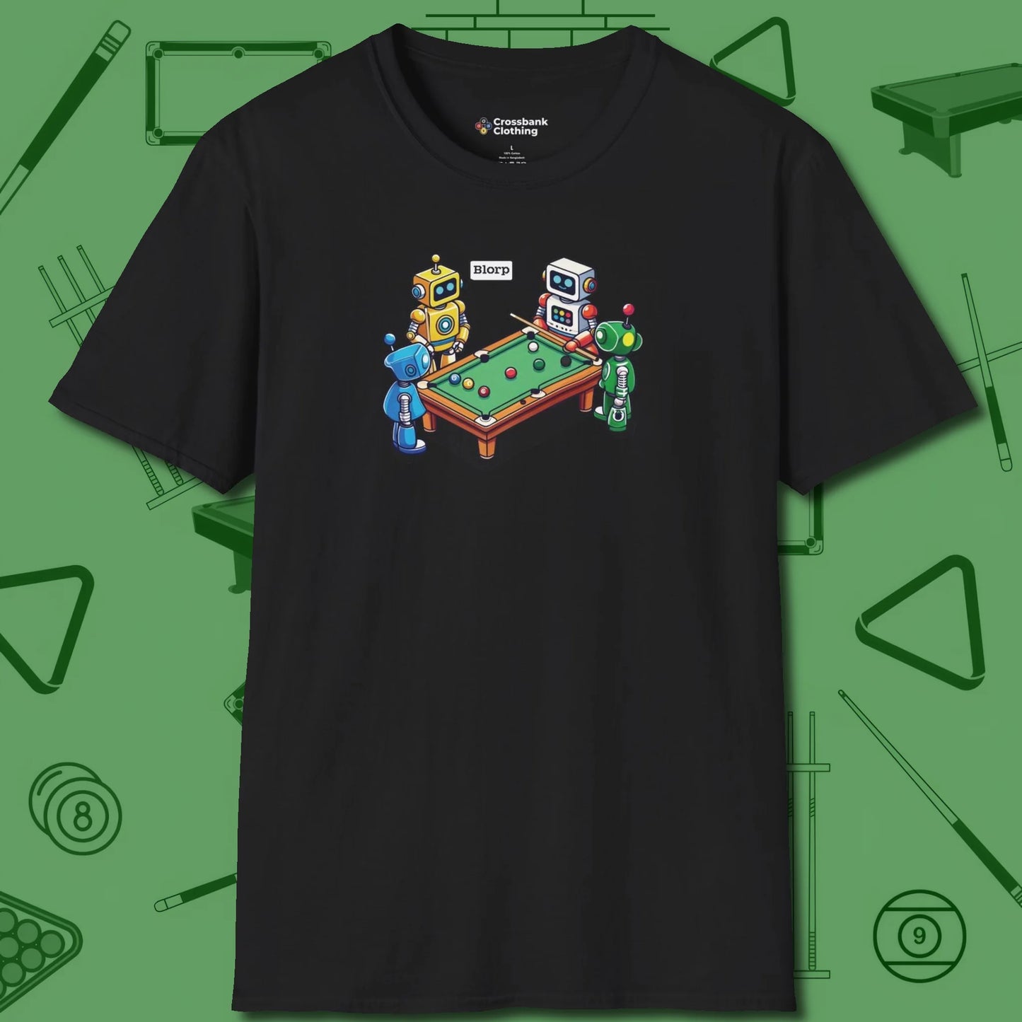 Robots Playing T-Shirt, front view, in Black the shirt that plays position