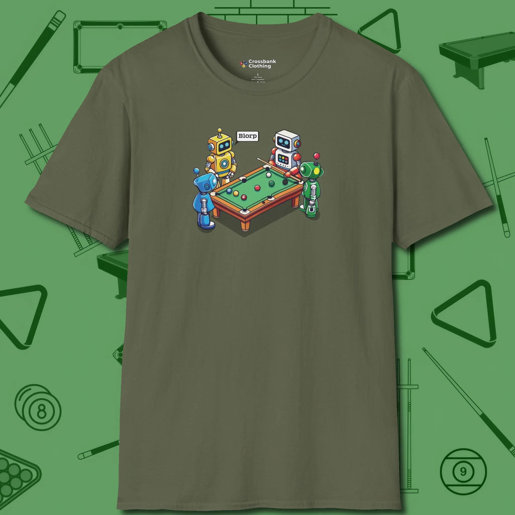 Robots Playing T-Shirt, front view, in Military Green break, run out, turn heads — repeat