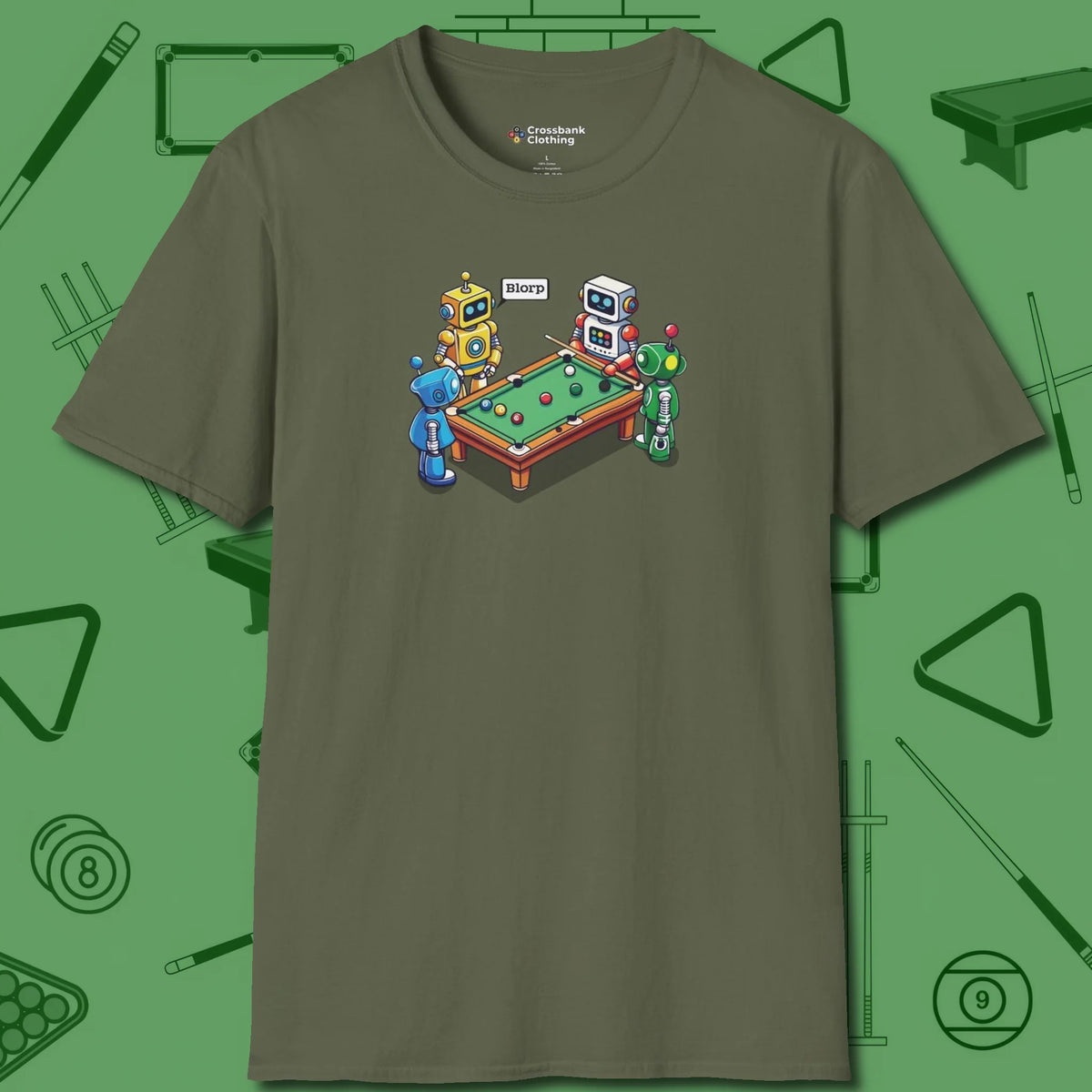 Robots Playing T-Shirt, front view, in Military Green break, run out, turn heads — repeat
