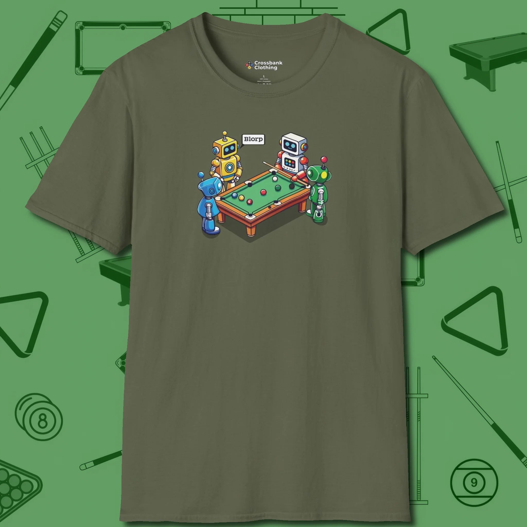 Robots Playing T-Shirt, front view, in Military Green break, run out, turn heads — repeat