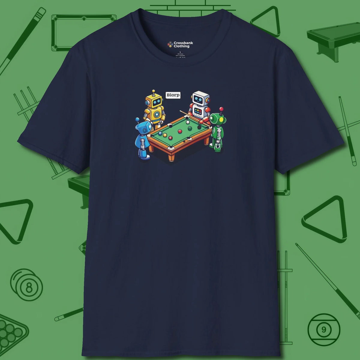 Robots Playing T-Shirt, front view, in Navy stitched for cue discipline and cool confidence