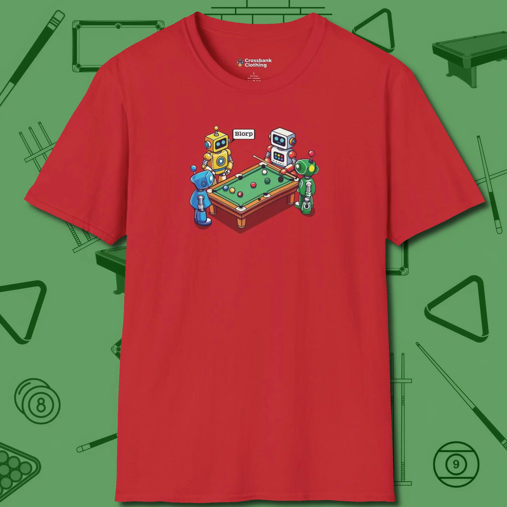 Robots Playing T-Shirt, front view, in Red where cue control meets personal style