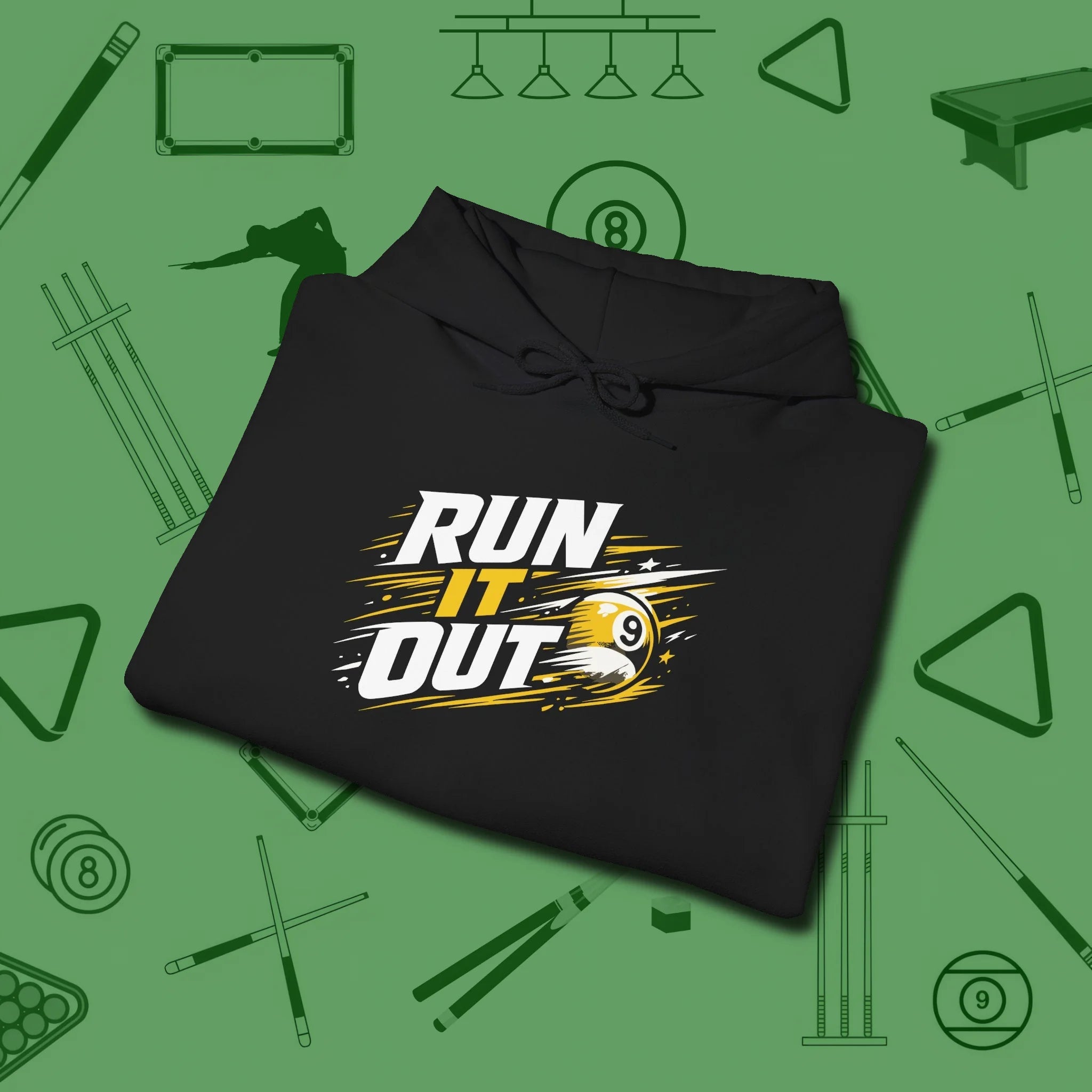 Run It Out 9-Ball Hoodie, folded view, in Black attitude built for the long haul