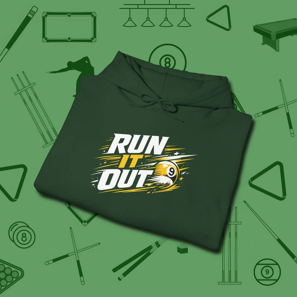Run It Out 9-Ball Hoodie, folded view, in Forest Green the official uniform of the after-hours crew