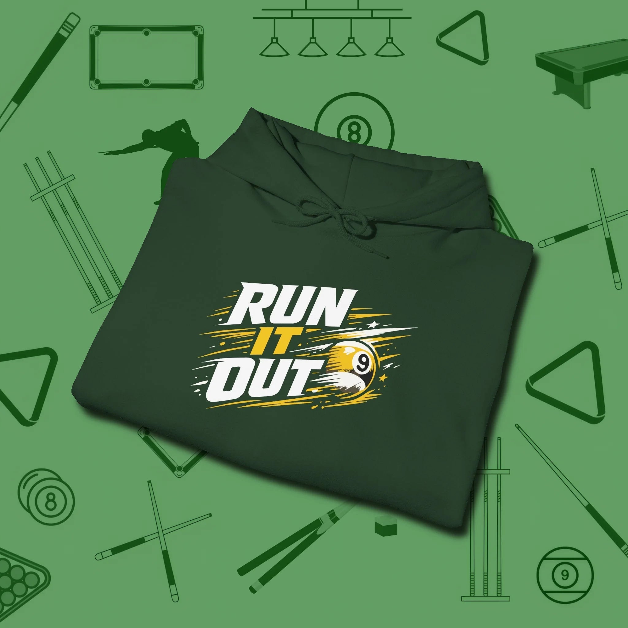 Run It Out 9-Ball Hoodie, folded view, in Forest Green the official uniform of the after-hours crew