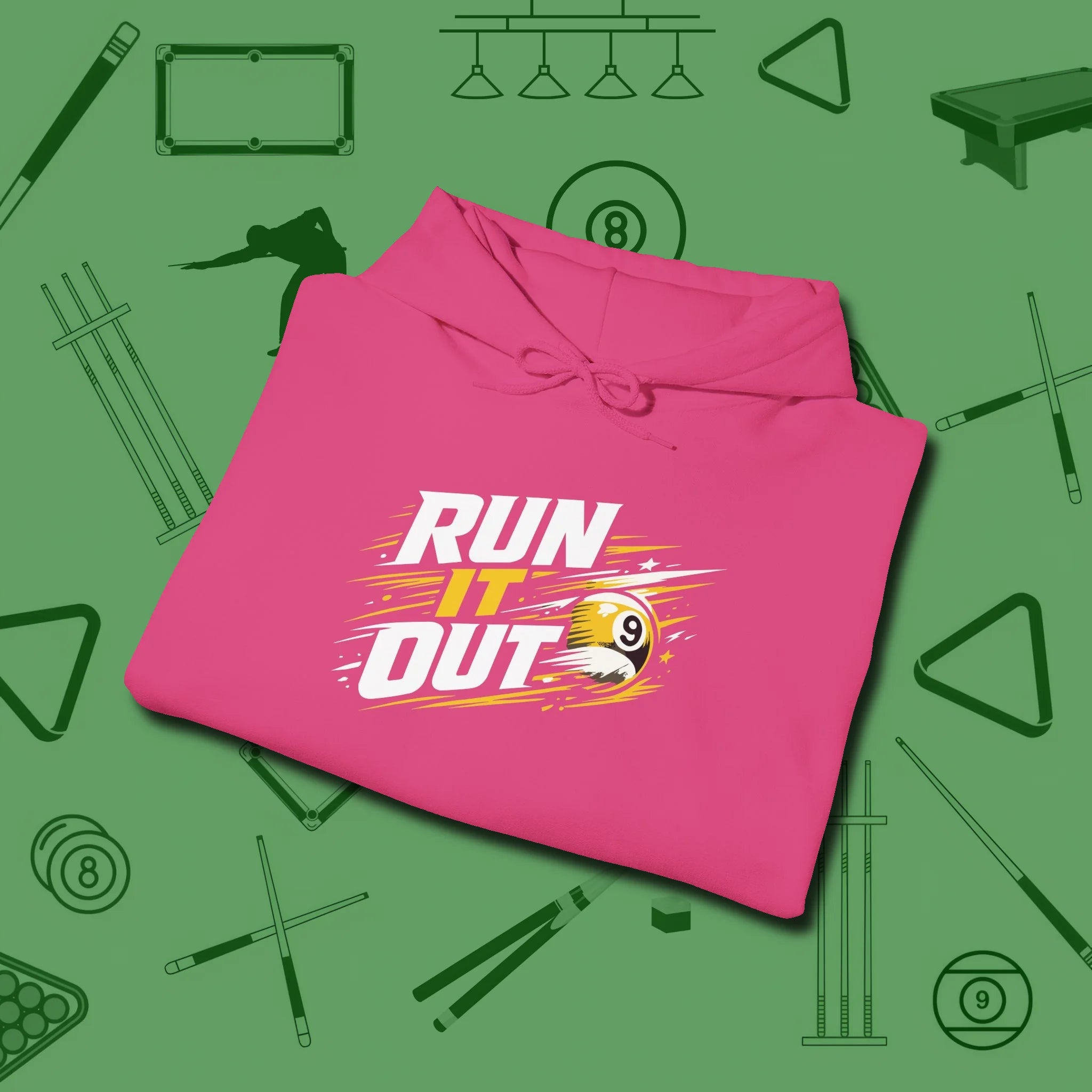 Run It Out 9-Ball Hoodie, folded view, in Heliconia not your average 8-ball graphic tee
