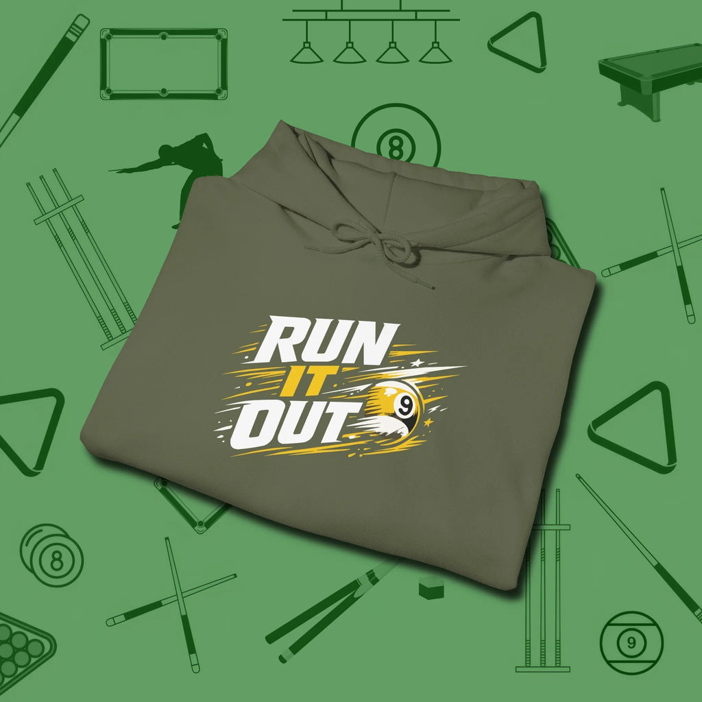 Run It Out 9-Ball Hoodie, folded view, in Military Green a clean fit for the dirtiest safeties