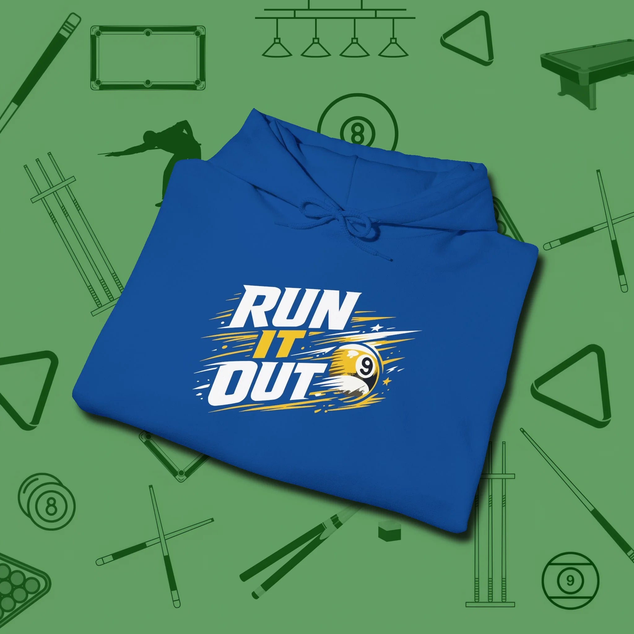 Run It Out 9-Ball Hoodie, folded view, in Royal subtle drip for serious shooters