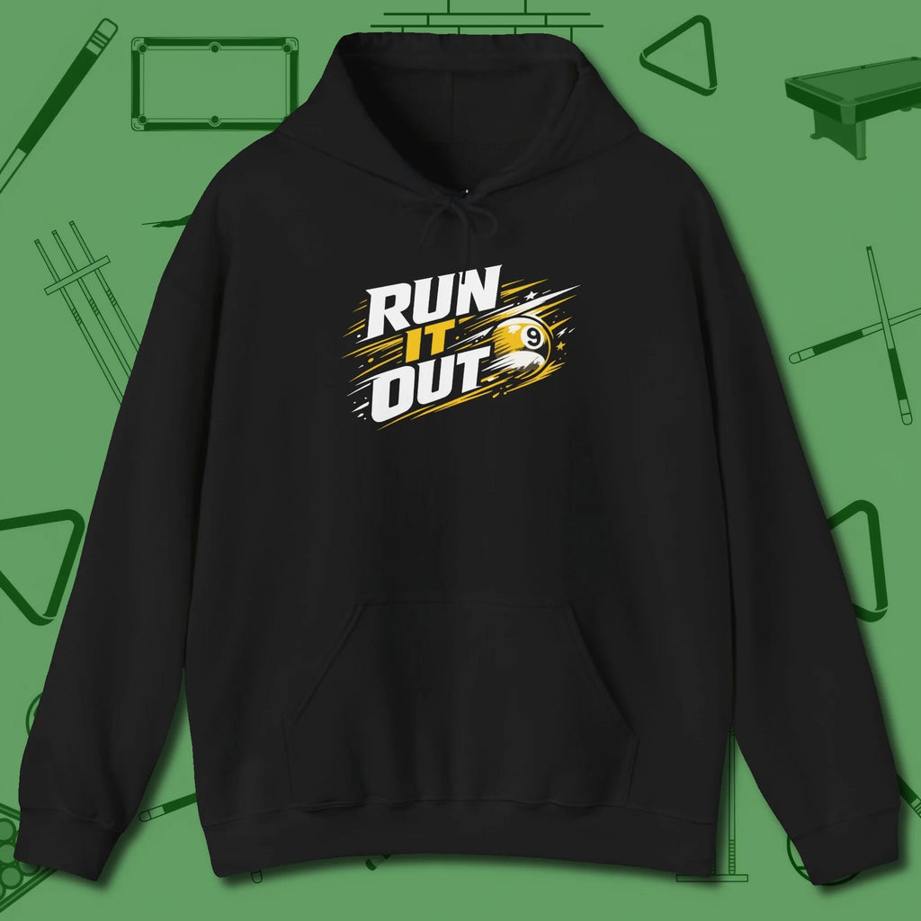 Run It Out 9-Ball Hoodie, front view, in Black style that banks as hard as you do
