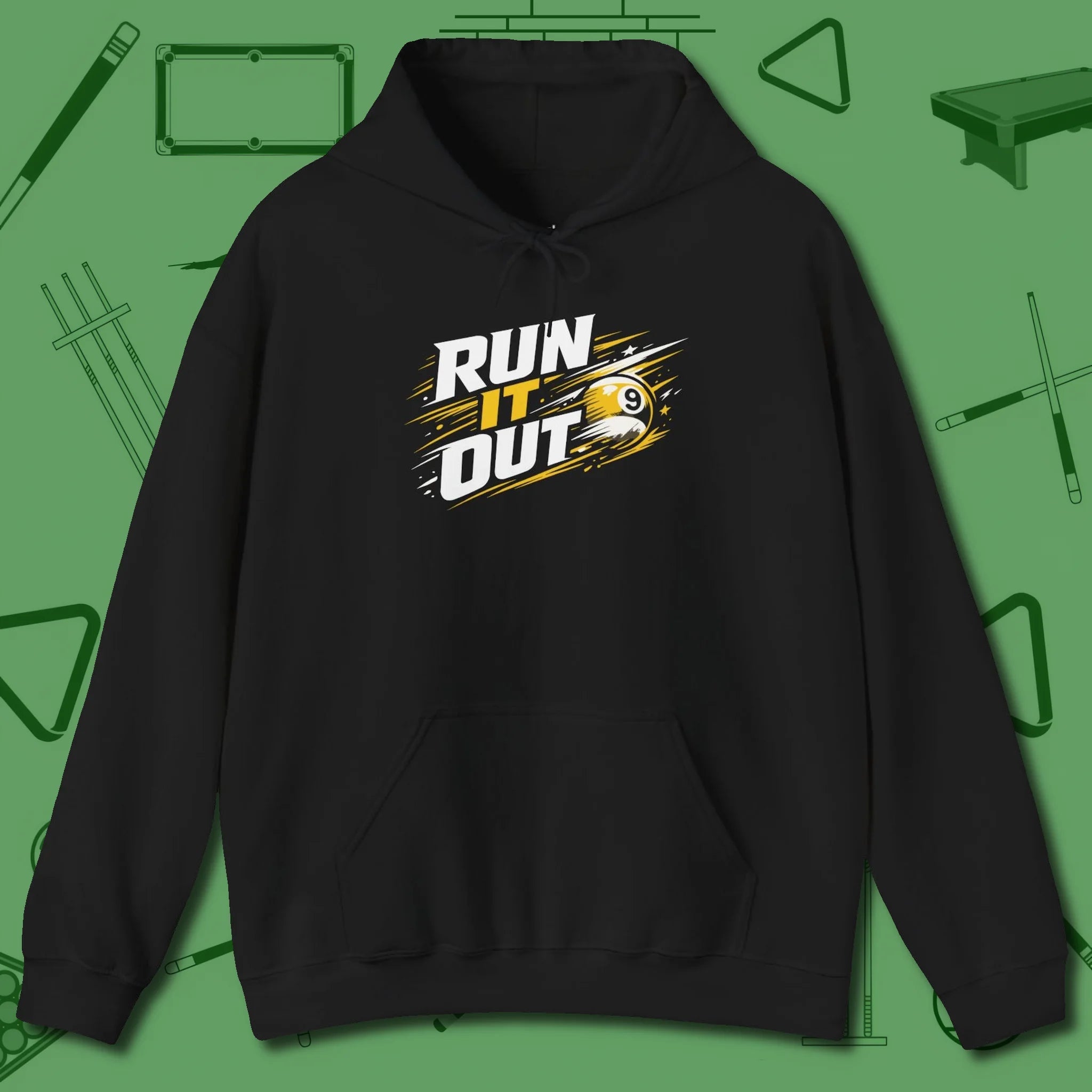 Run It Out 9-Ball Hoodie, front view, in Black style that banks as hard as you do