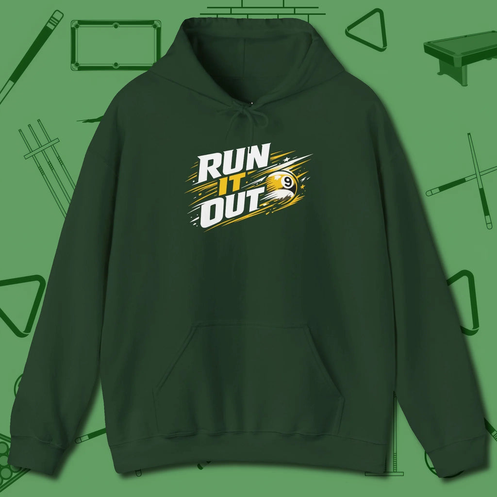 Run It Out 9-Ball Hoodie, front view, in Forest Green your go-to shirt for league night victories
