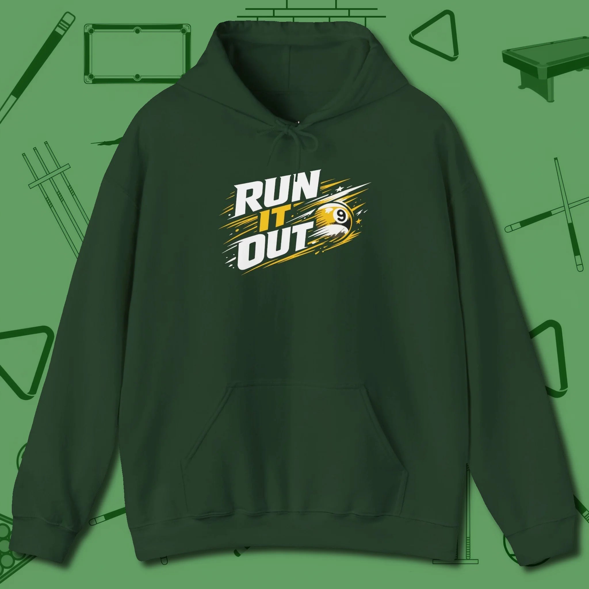 Run It Out 9-Ball Hoodie, front view, in Forest Green your go-to shirt for league night victories