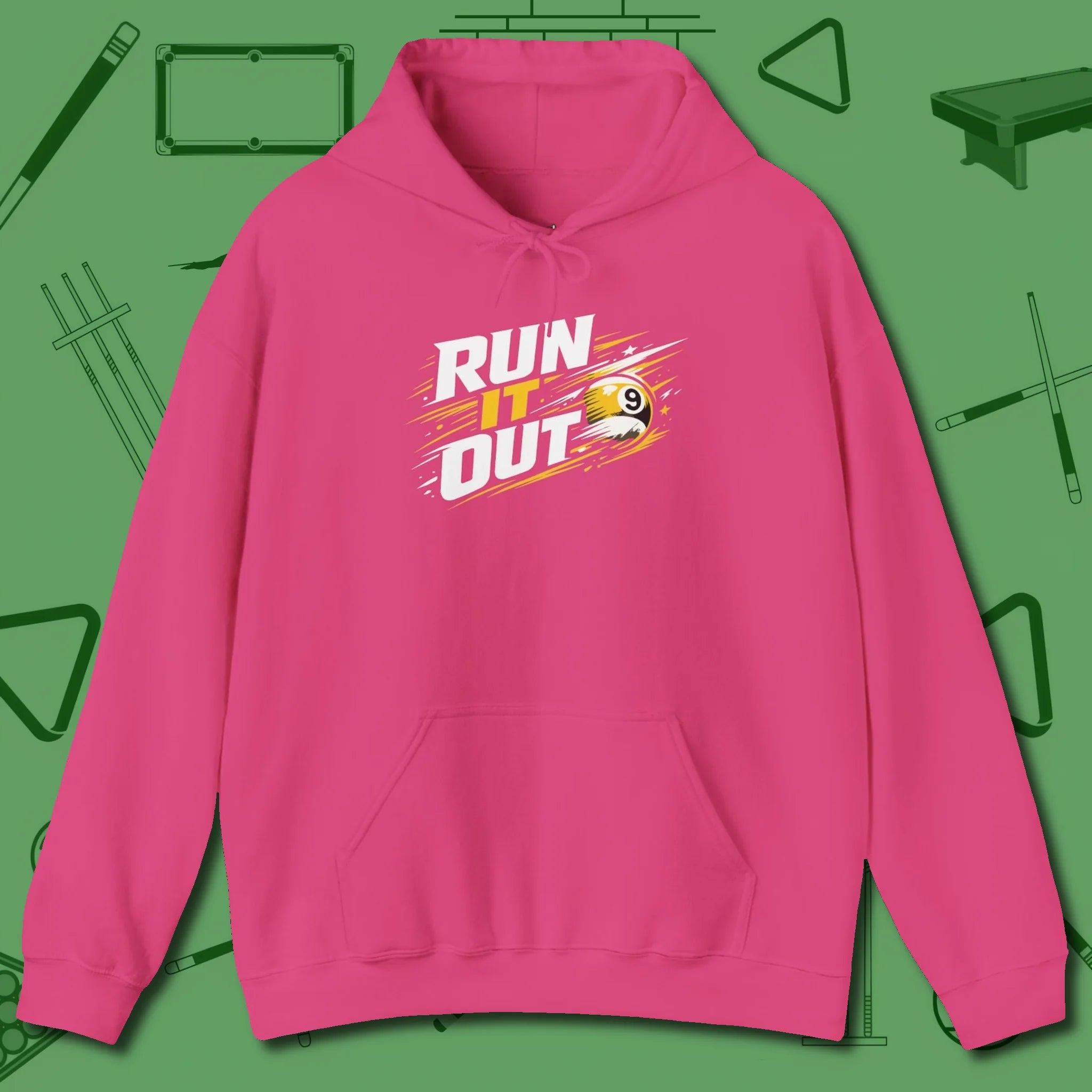 Run It Out 9-Ball Hoodie, front view, in Heliconia make every shot — and outfit — count