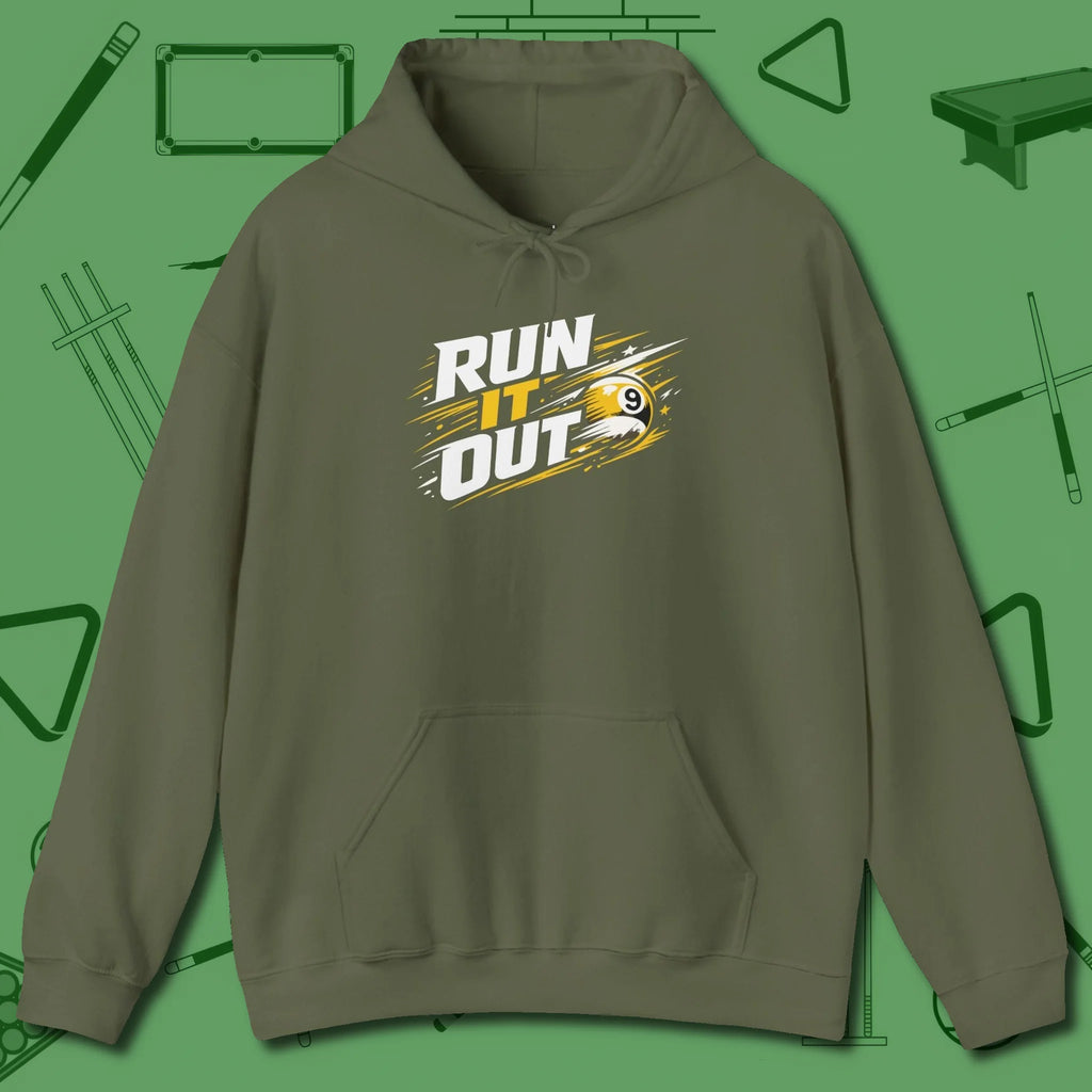 Run It Out 9-Ball Hoodie, front view, in Military Green poolroom style with tournament attitude