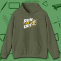 Run It Out 9-Ball Hoodie, in Military Green color, billiards hoodie, front view