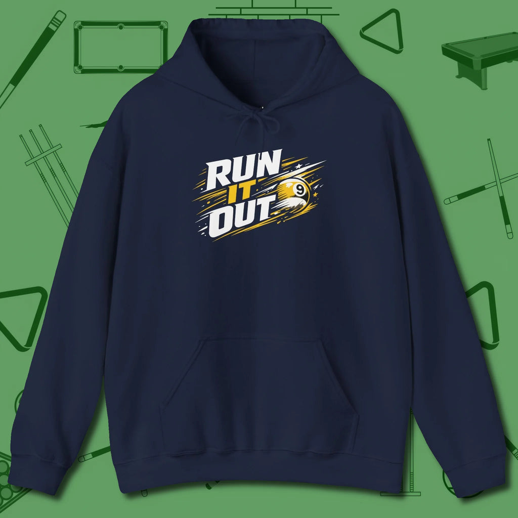 Run It Out 9-Ball Hoodie, front view, in Navy break, run out, turn heads — repeat