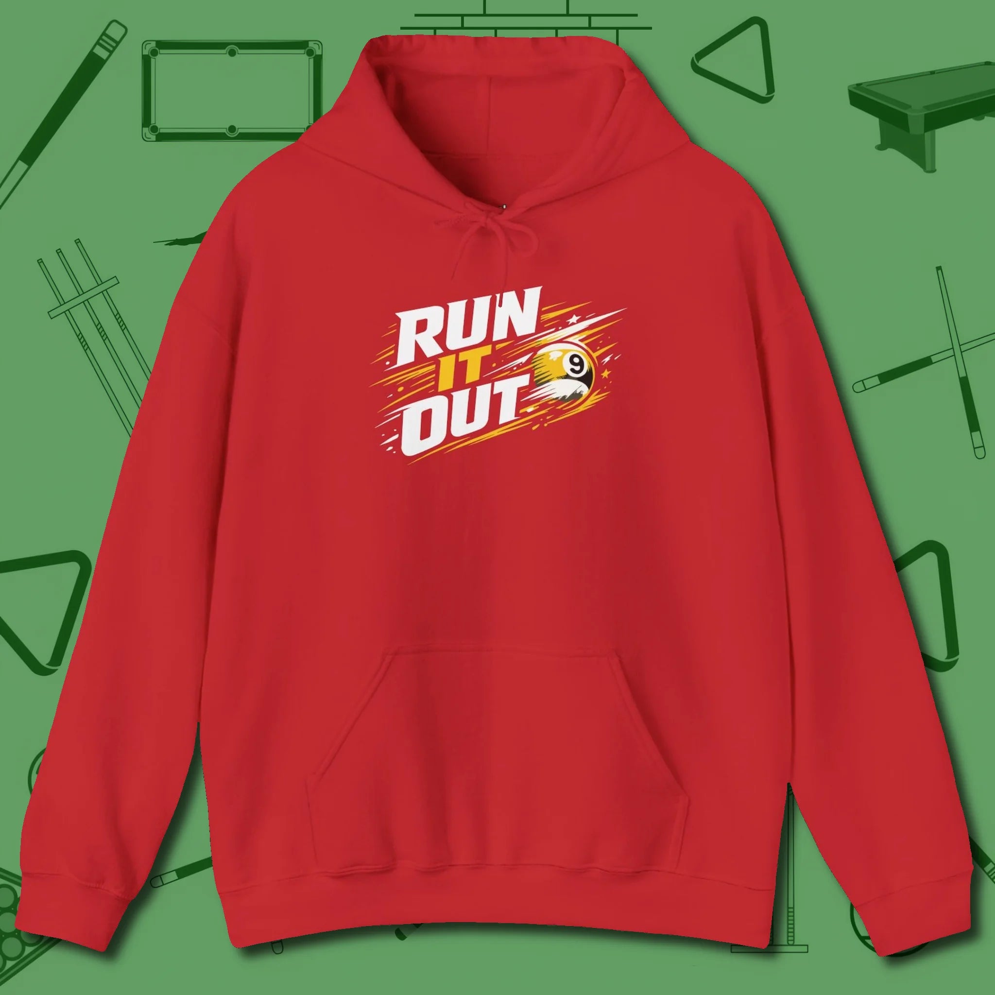 Run It Out 9-Ball Hoodie, front view, in Red style that banks as hard as you do