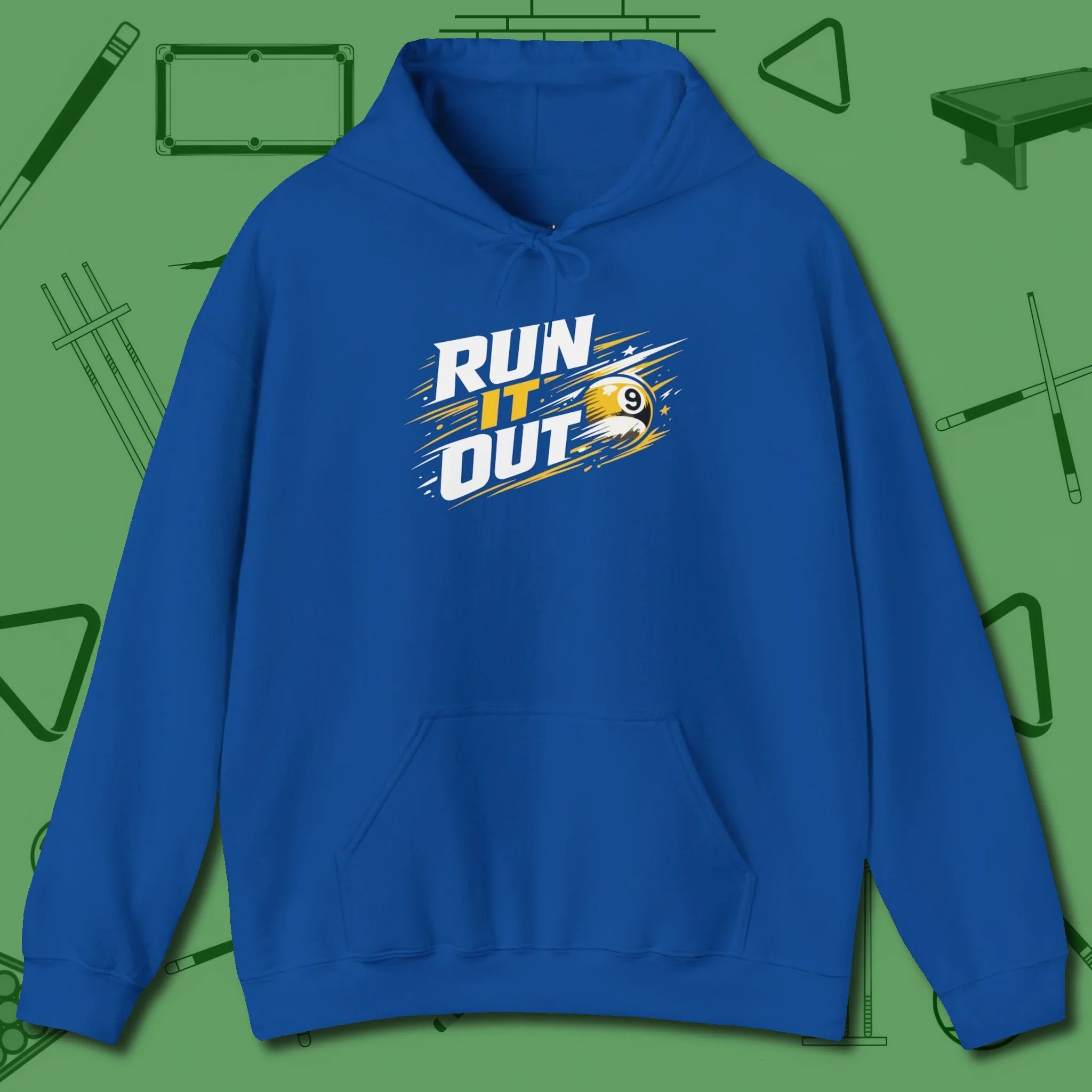 Run It Out 9-Ball Hoodie, front view, in Royal not your average 8-ball graphic tee