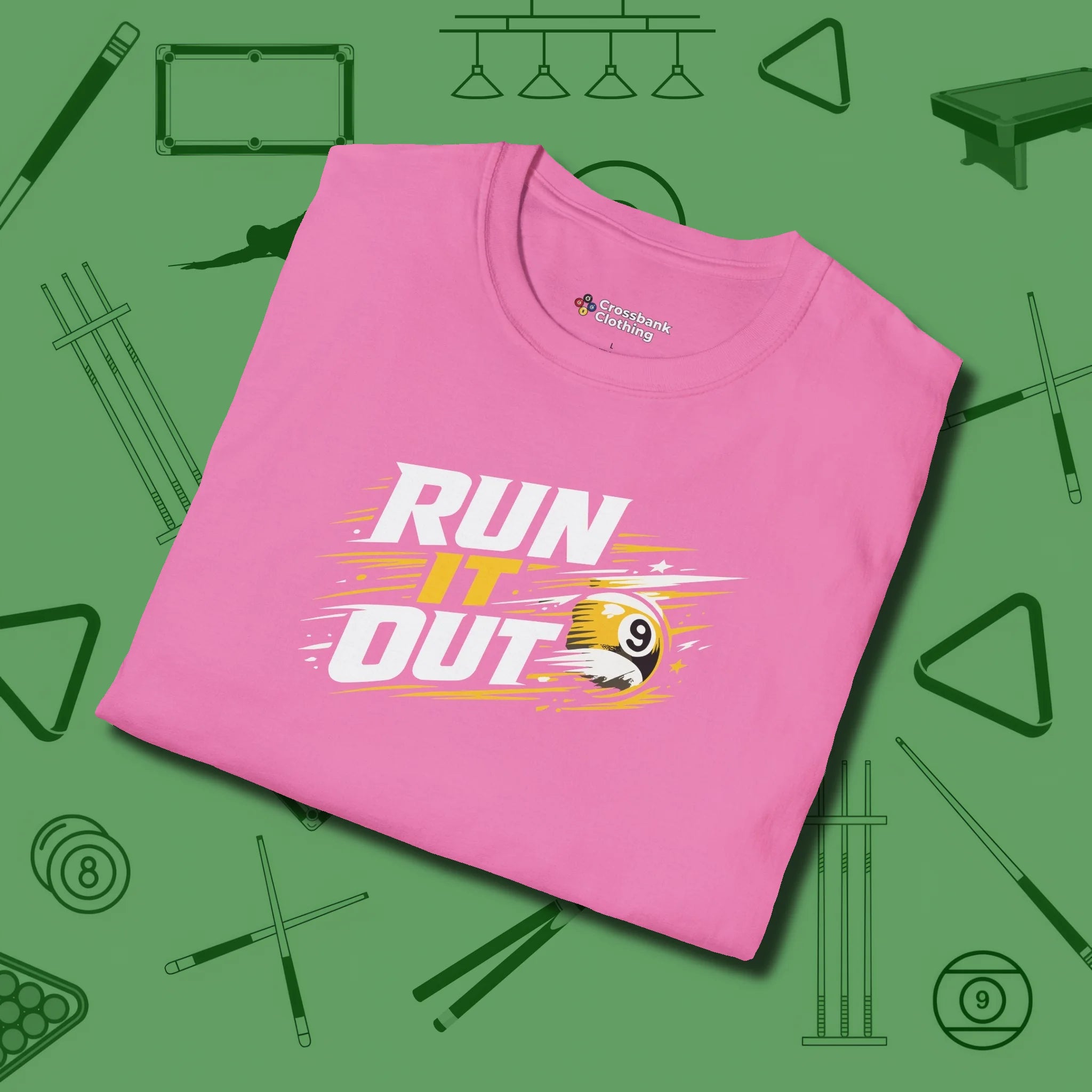 Run It Out 9-Ball T-Shirt, folded view, in Azalea cool enough for a corner pocket finish