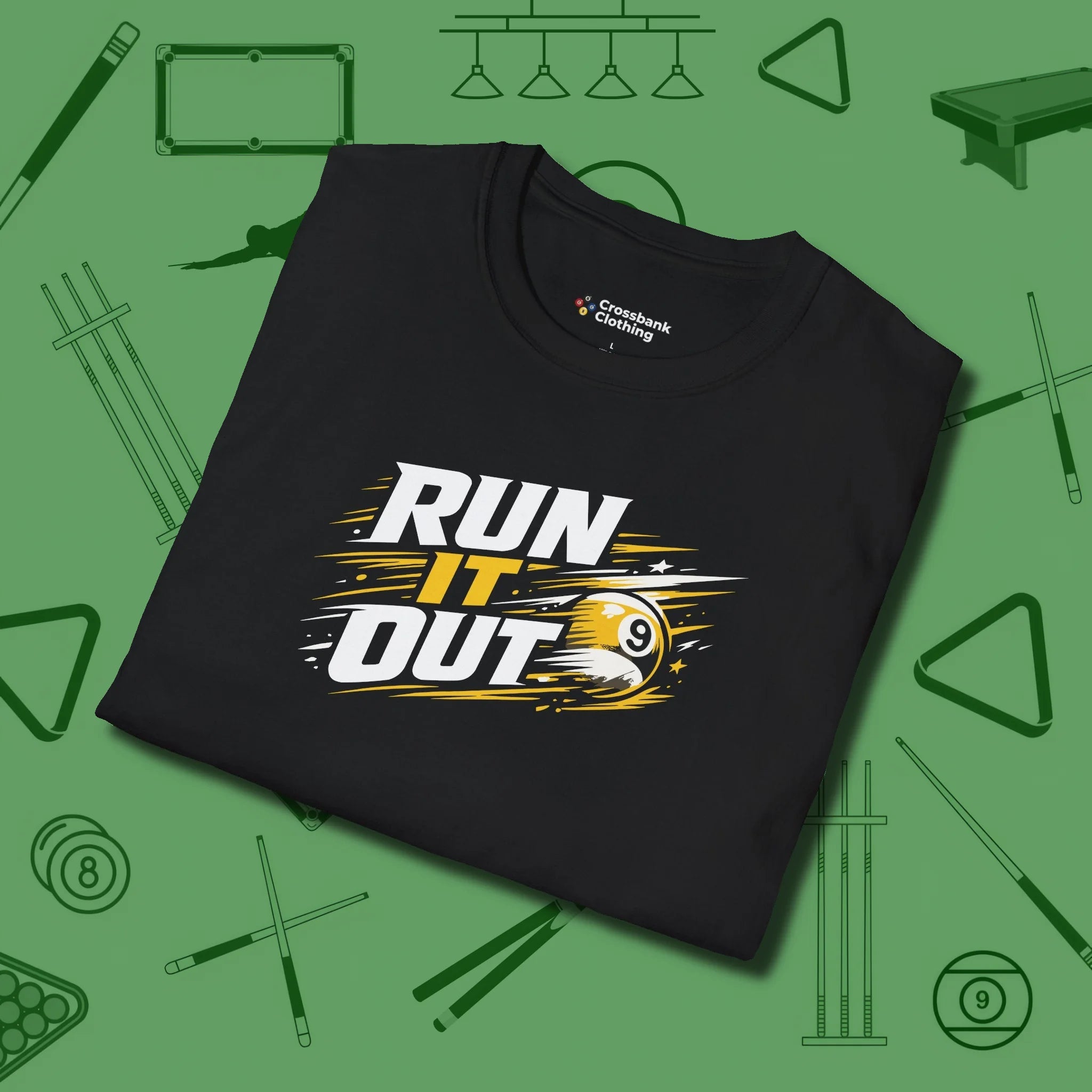 Run It Out 9-Ball T-Shirt, folded view, in Black perfect for players with quiet fire