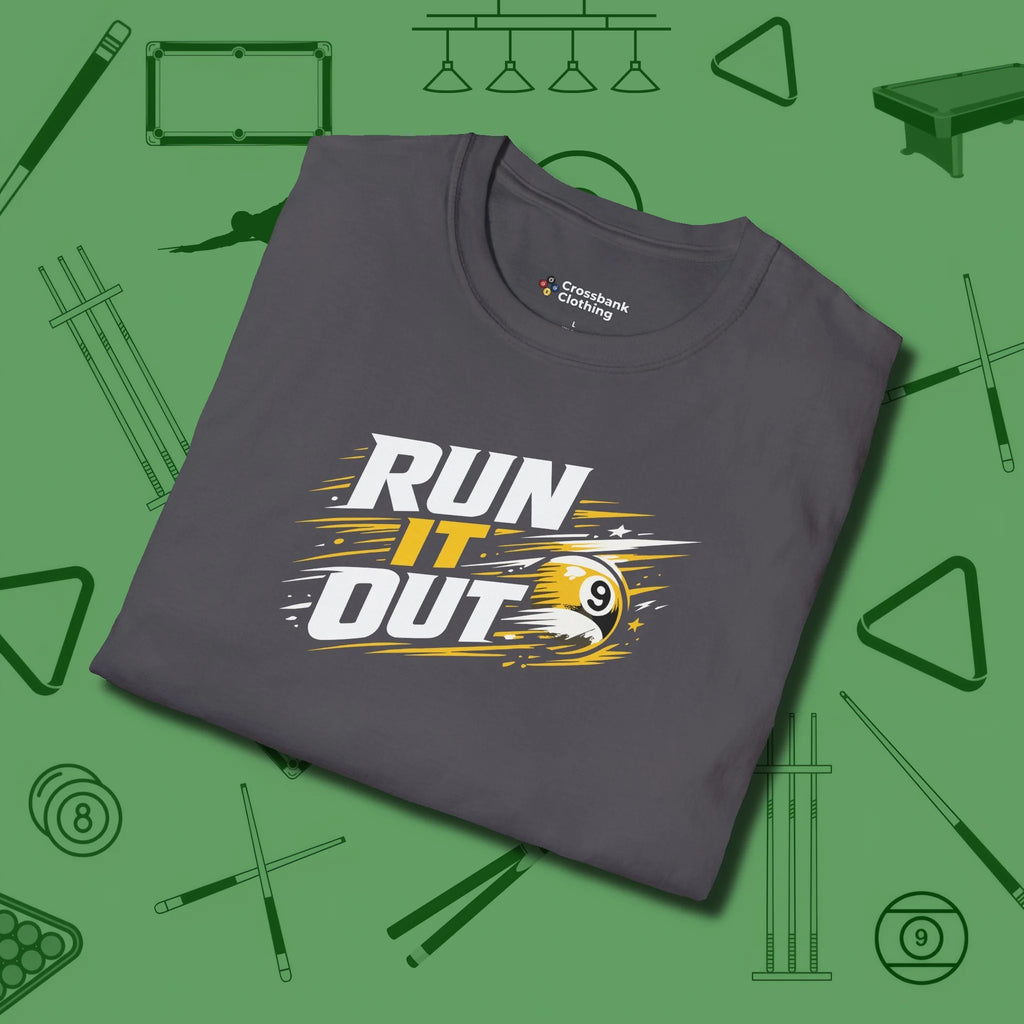 Run It Out 9-Ball T-Shirt, folded view, in Charcoal built for bold breaks and quiet confidence