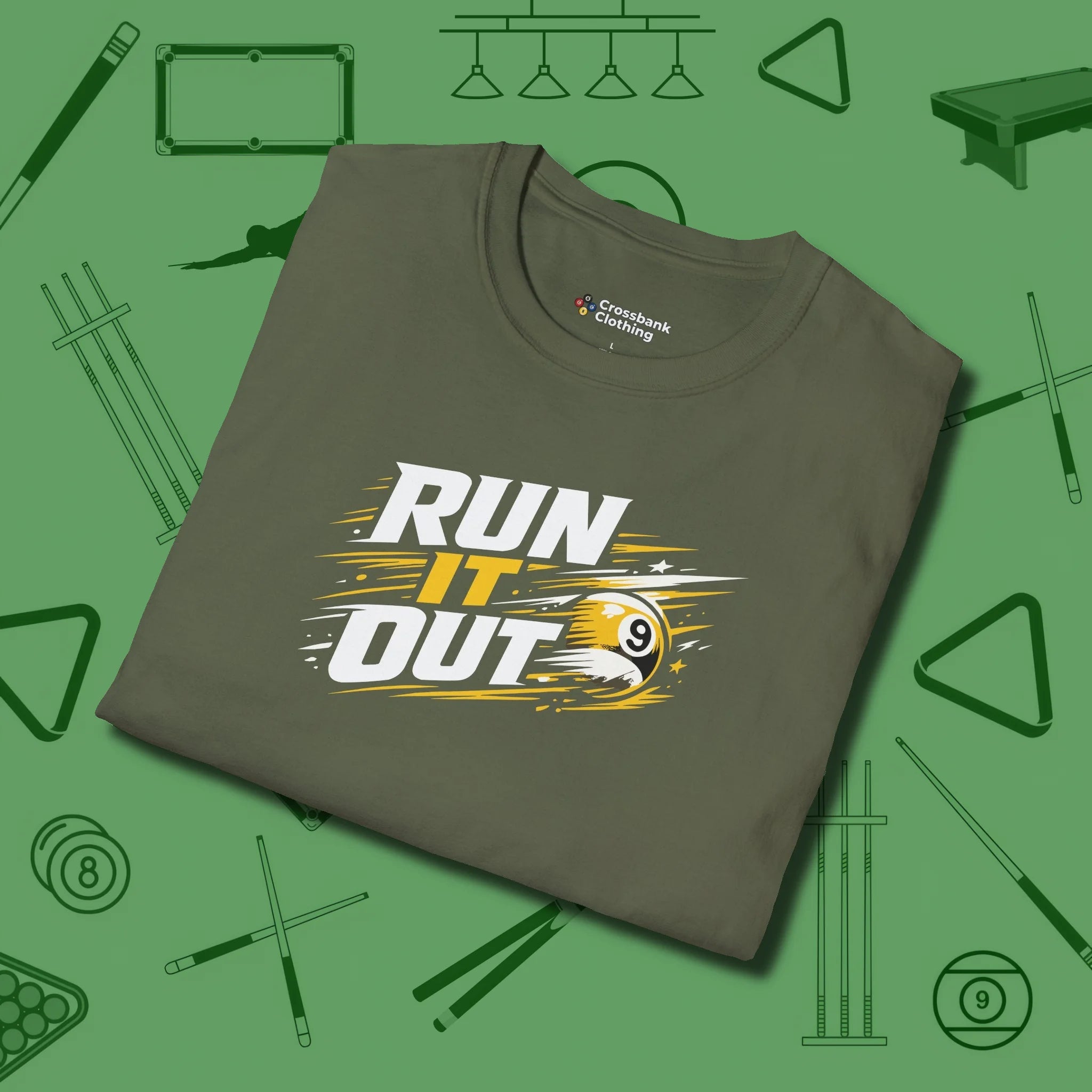 Run It Out 9-Ball T-Shirt, folded view, in Military Green as serious as your stroke