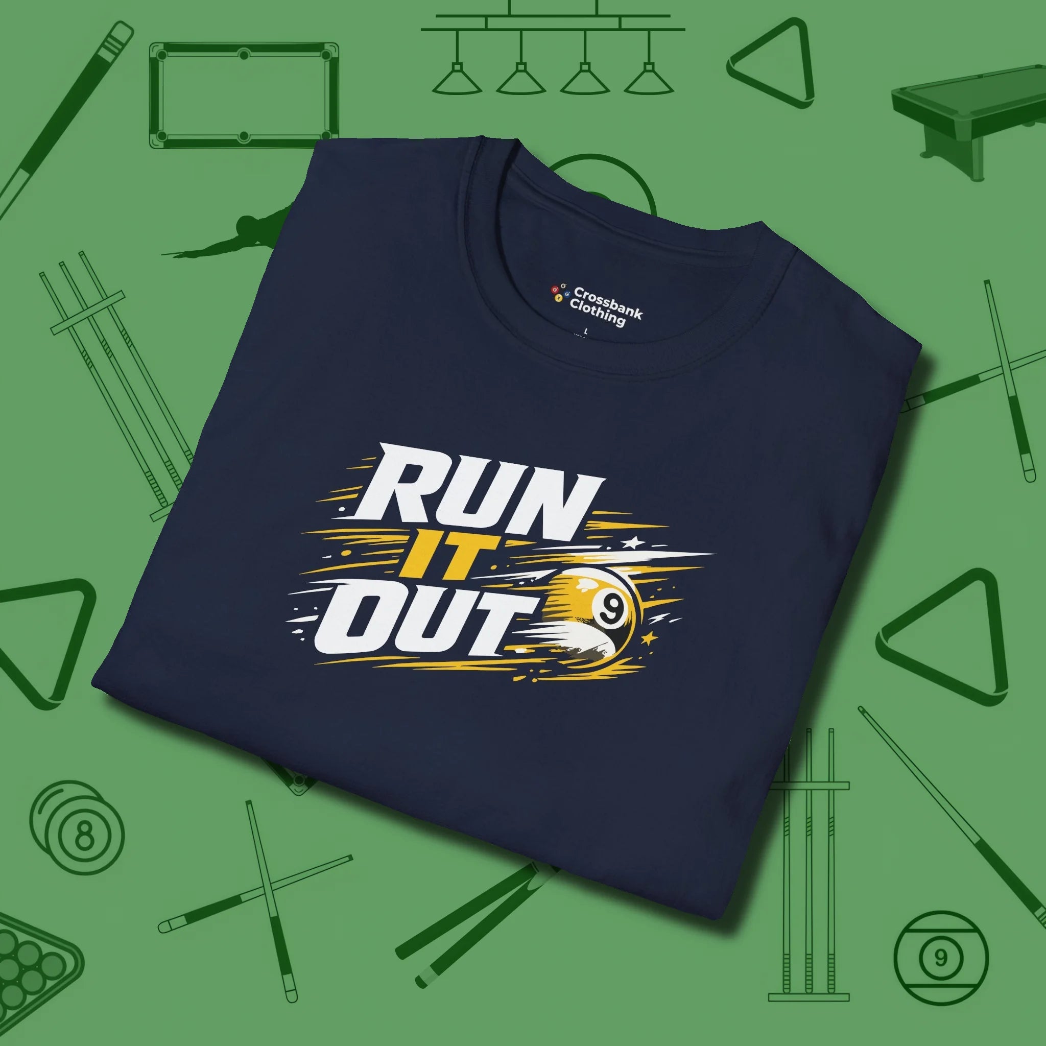 Run It Out 9-Ball T-Shirt, folded view, in Navy styled to dominate from rack to run-out