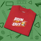 Run It Out 9-Ball T-Shirt, folded view, in Red cue sports swagger done right