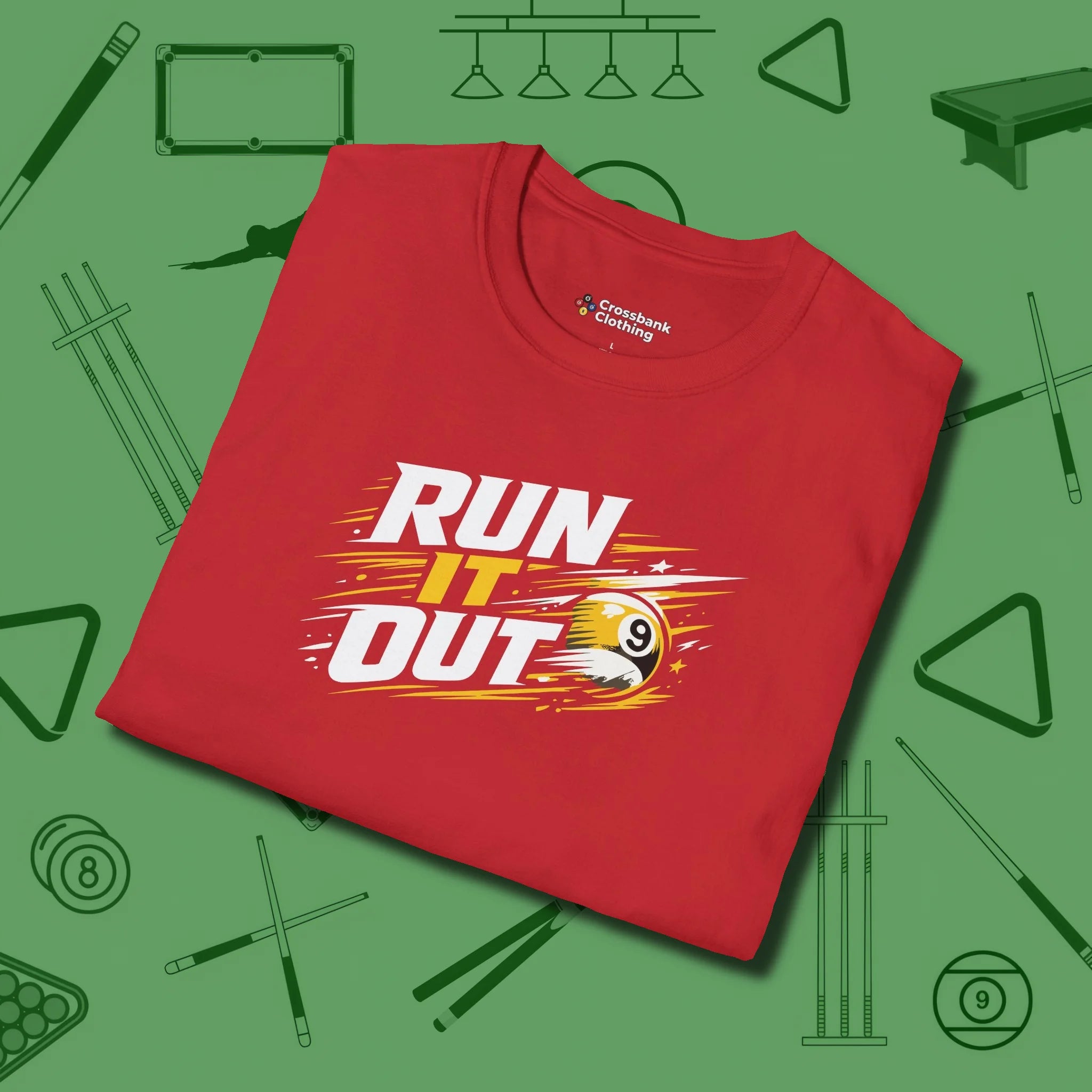 Run It Out 9-Ball T-Shirt, folded view, in Red cue sports swagger done right