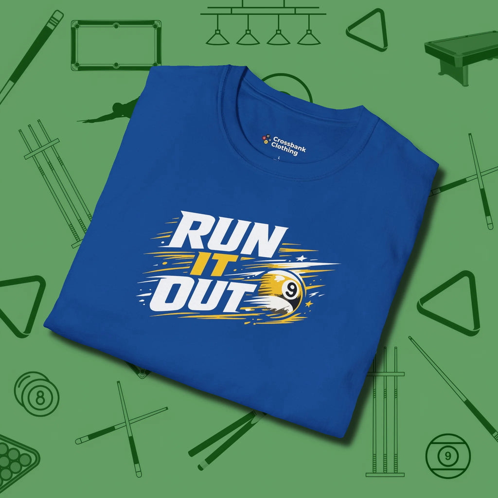 Run It Out 9-Ball T-Shirt, folded view, in Royal style that banks as hard as you do