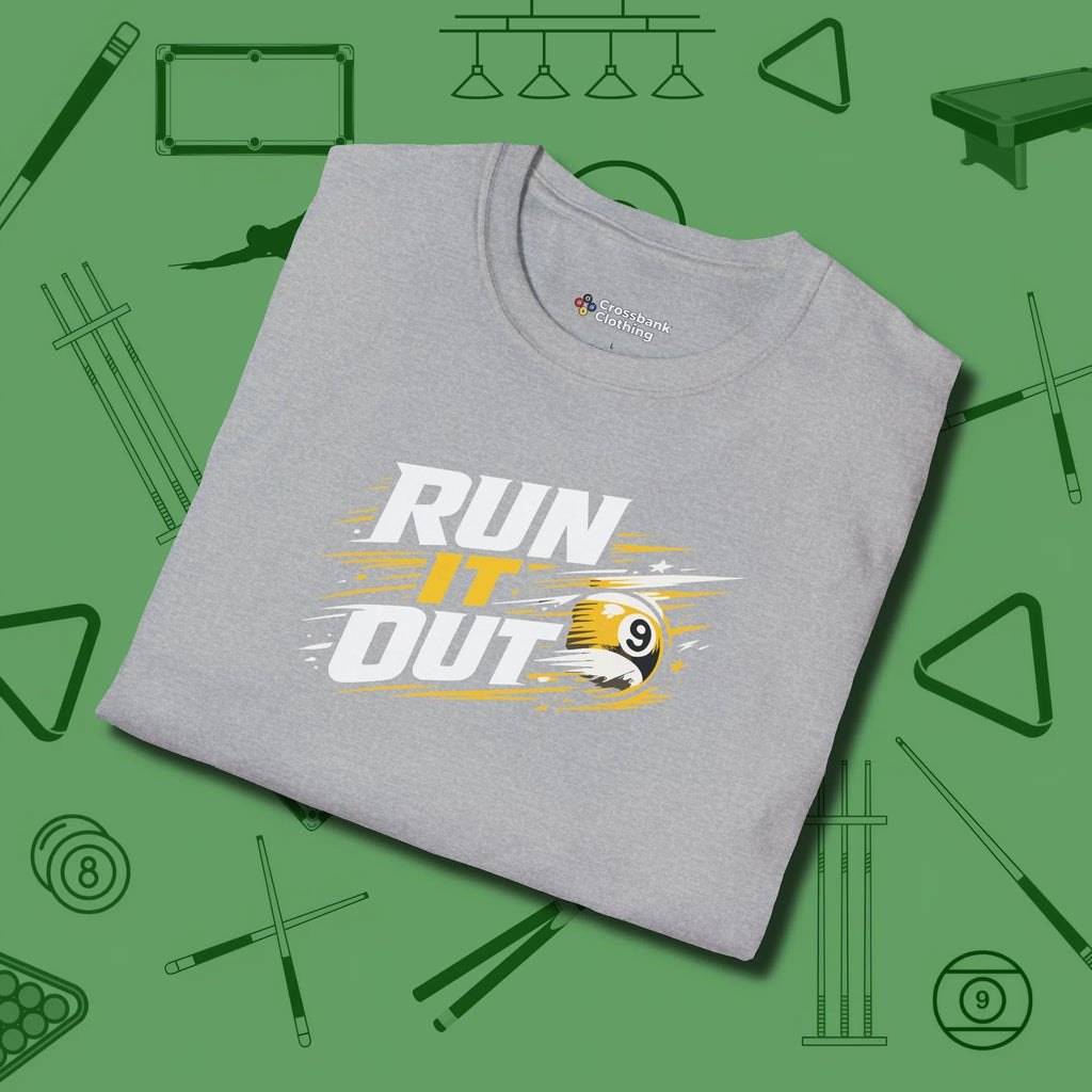 Run It Out 9-Ball T-Shirt, folded view, in Sport Grey perfect for players with quiet fire
