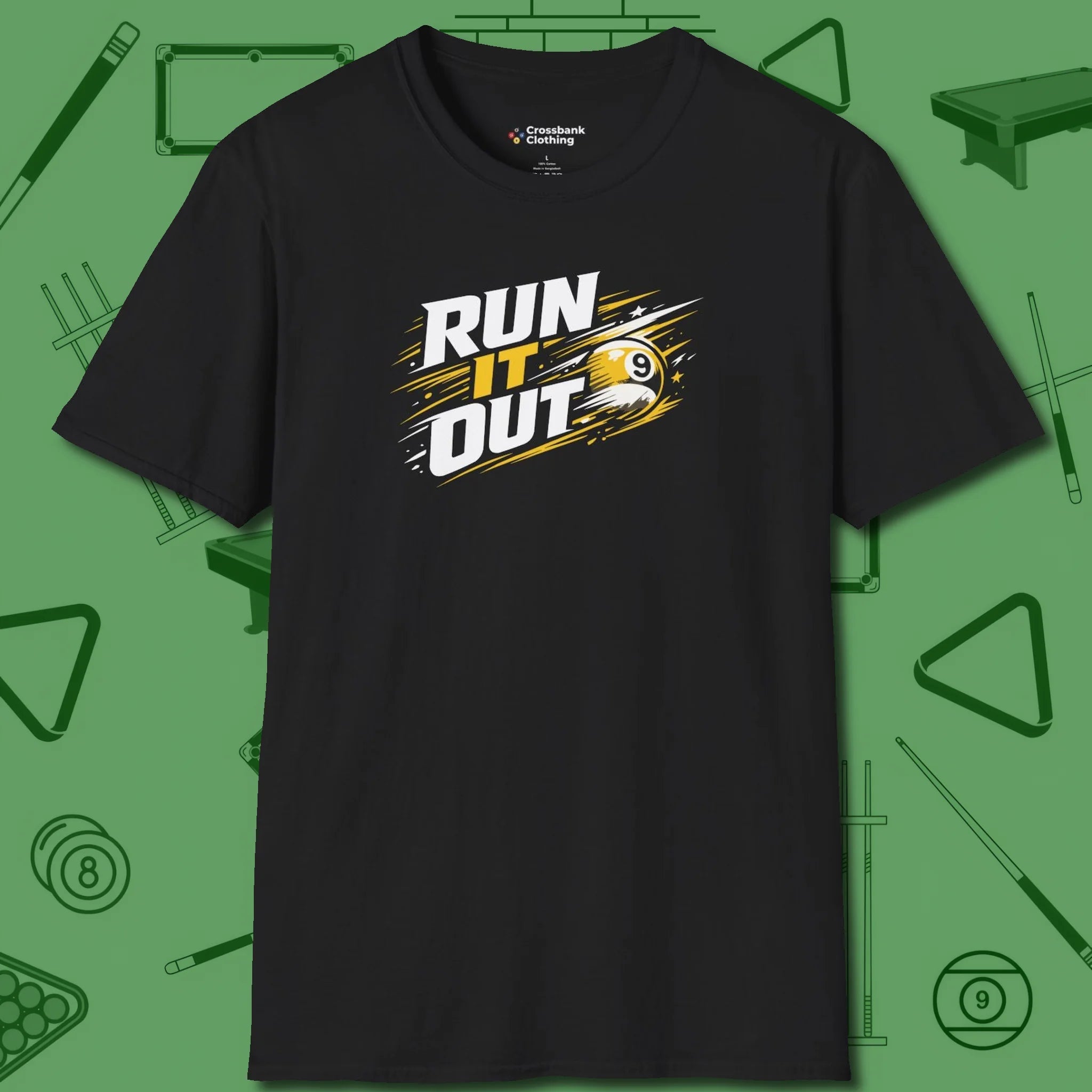 Run It Out 9-Ball T-Shirt, front view, in Black for shooters who dress like they play: sharp