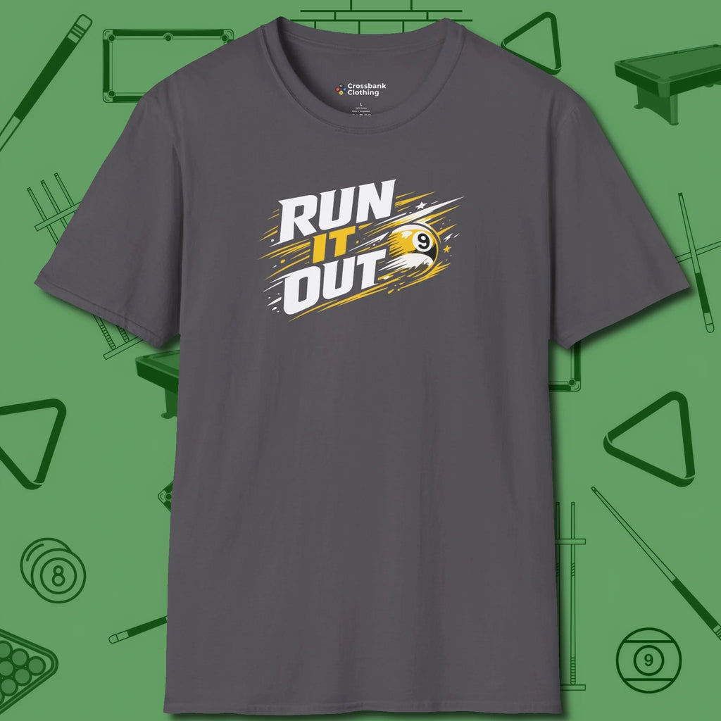 Run It Out 9-Ball T-Shirt, front view, in Charcoal it’s not a hobby — it’s a lifestyle