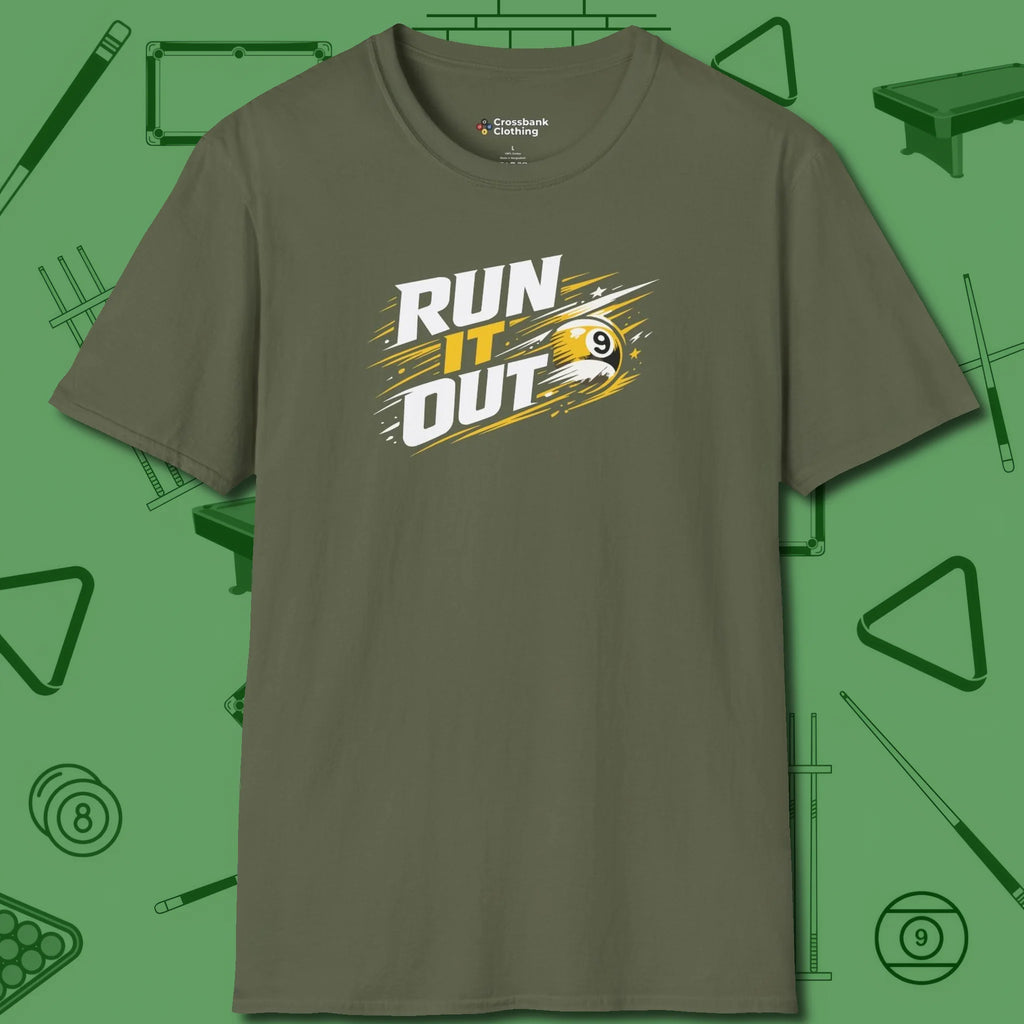 Run It Out 9-Ball T-Shirt, front view, in Military Green tough like your favorite break cue