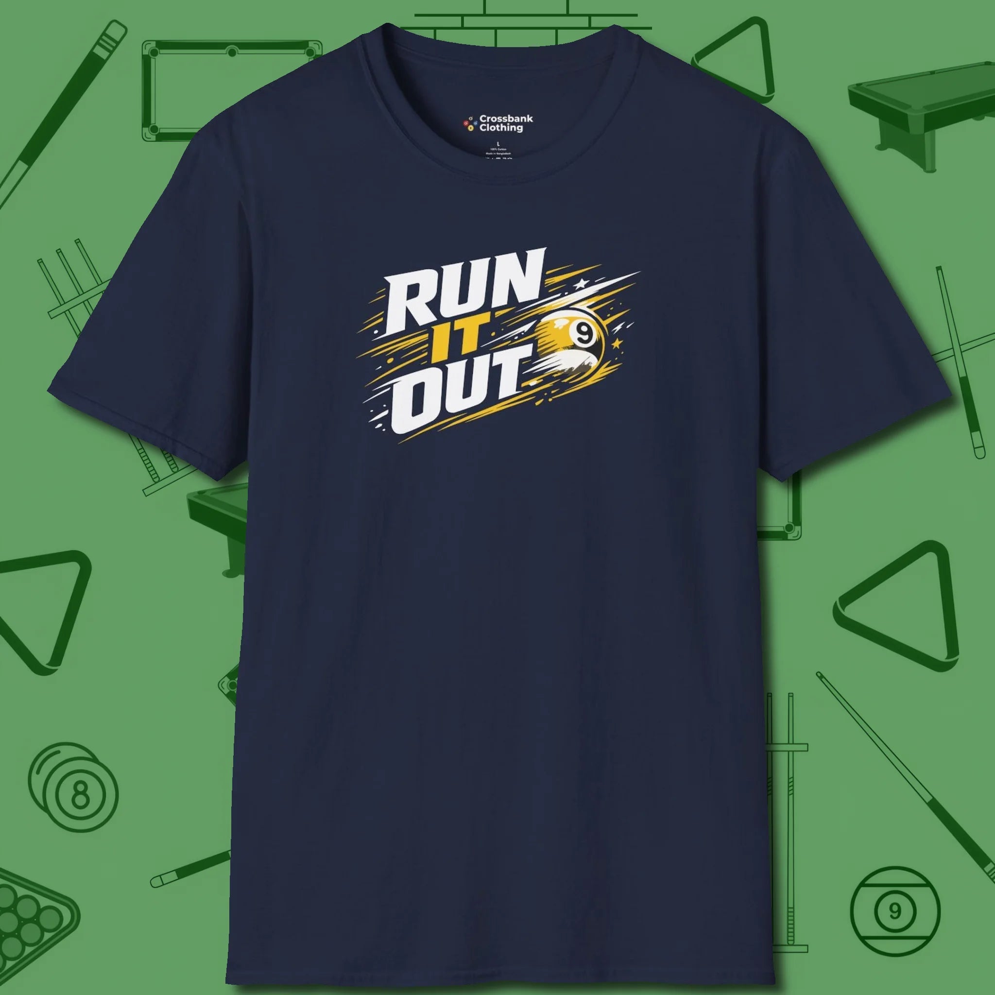 Run It Out 9-Ball T-Shirt, front view, in Navy smart apparel for strategic players
