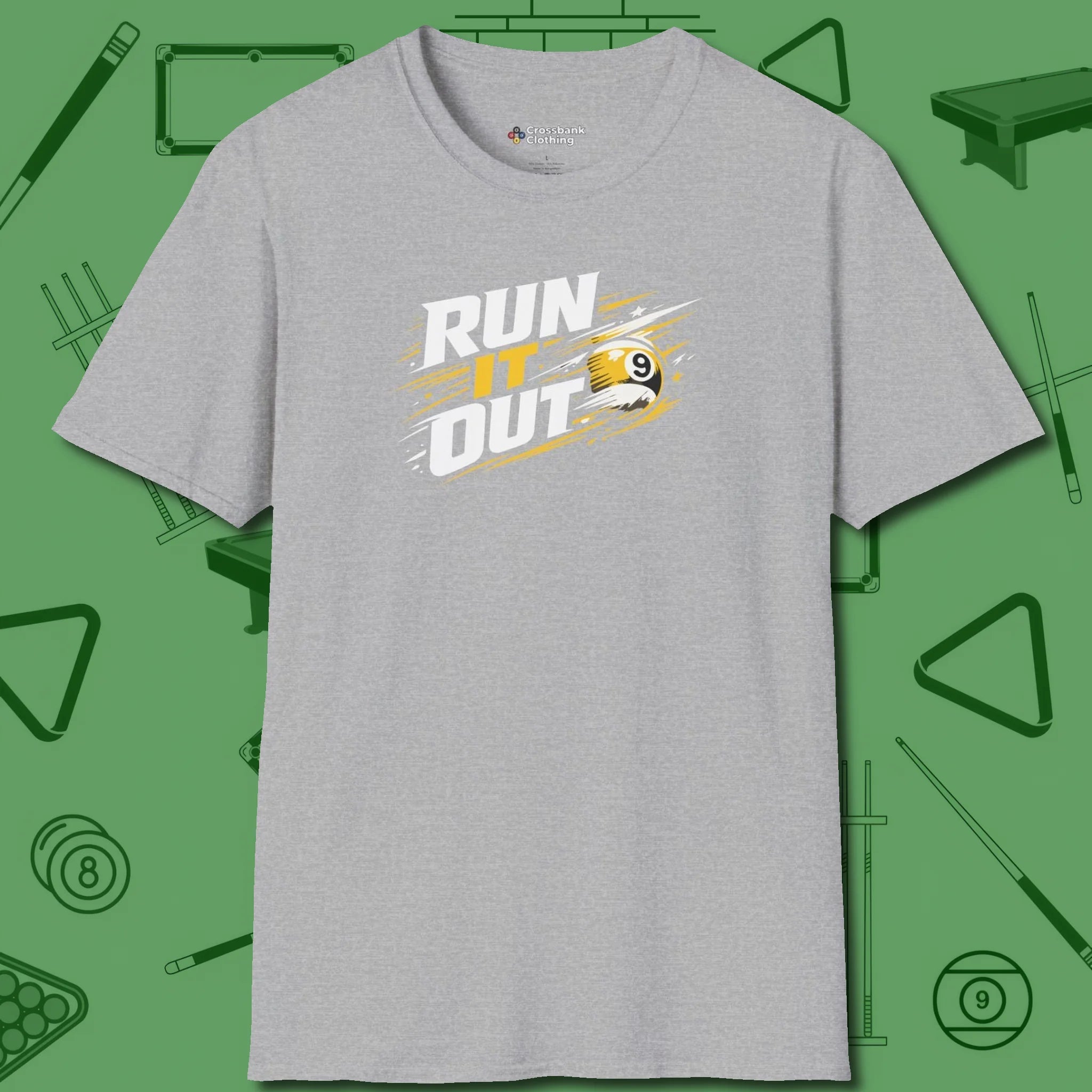 Run It Out 9-Ball T-Shirt, front view, in Sport Grey confidence stitched in every seam