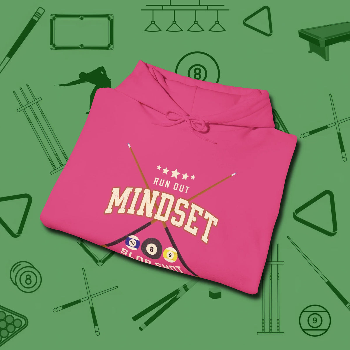 Run Out Mindset/Slop Shot Skills Hoodie, folded view, in Heliconia an extension of your pool persona
