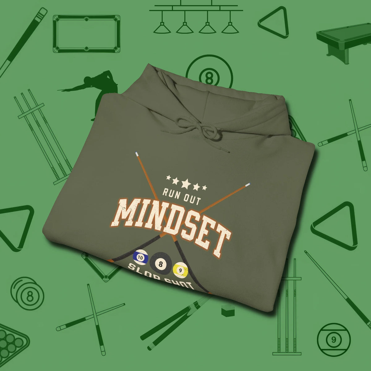 Run Out Mindset/Slop Shot Skills Hoodie, folded view, in Military Green designed for dead stroke and deadpan looks