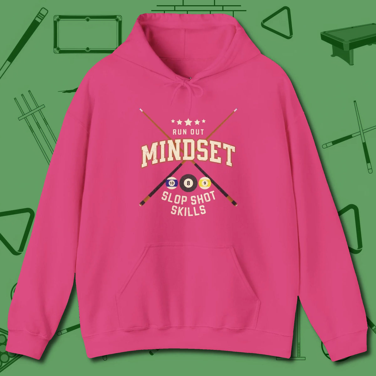 Run Out Mindset/Slop Shot Skills Hoodie, front view, in Heliconia designed for dead stroke and deadpan looks