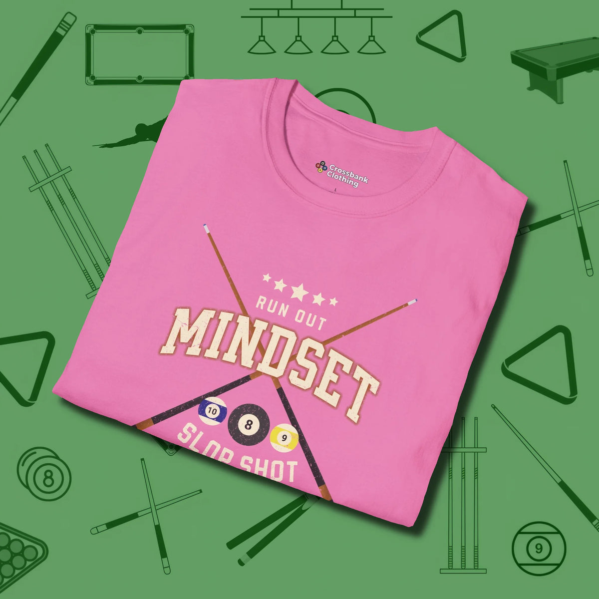 Run Out Mindset/Slop Shot Skills T-Shirt, folded view, in Azalea because you don’t just play — you represent