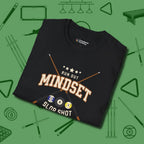 Run Out Mindset/Slop Shot Skills T-Shirt, folded view, in Black an extension of your pool persona