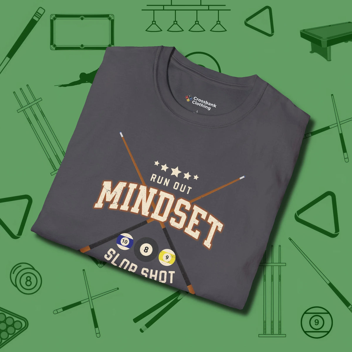 Run Out Mindset/Slop Shot Skills T-Shirt, folded view, in Charcoal perfect for players with quiet fire