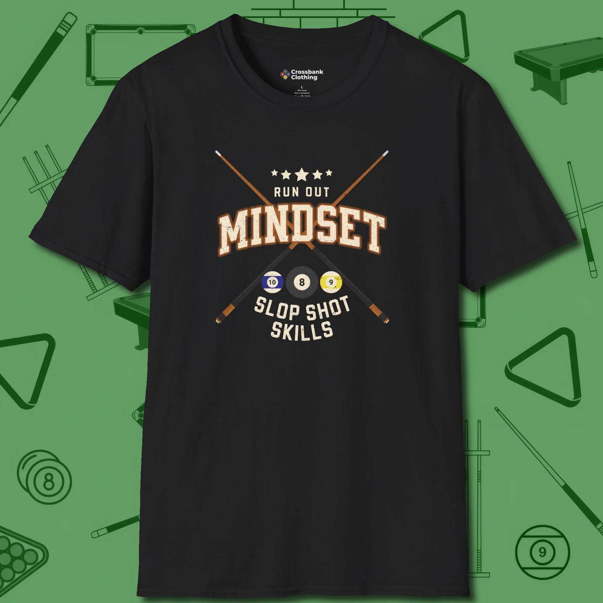 Run Out Mindset/Slop Shot Skills T-Shirt, front view, in Black fashion with break-and-run energy